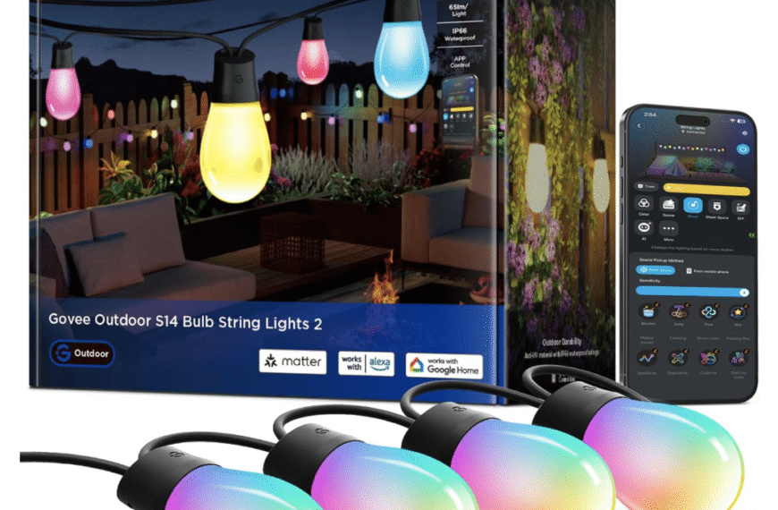 Govee Outdoor S14 Smart Bulb String Lights 96ft with RGBIC color bulbs, Alexa and Google Home compatibility, app control, and waterproof design, shown with product box and mobile app interface.