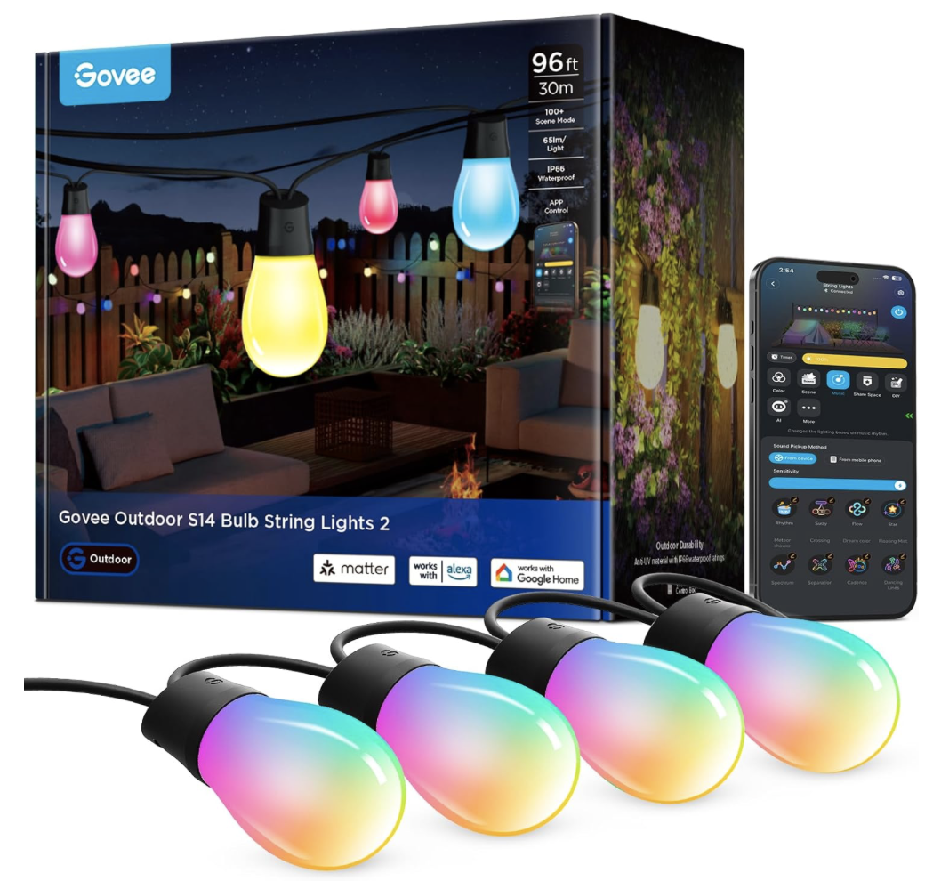 Govee Outdoor S14 Smart Bulb String Lights 96ft with RGBIC color bulbs, Alexa and Google Home compatibility, app control, and waterproof design, shown with product box and mobile app interface.