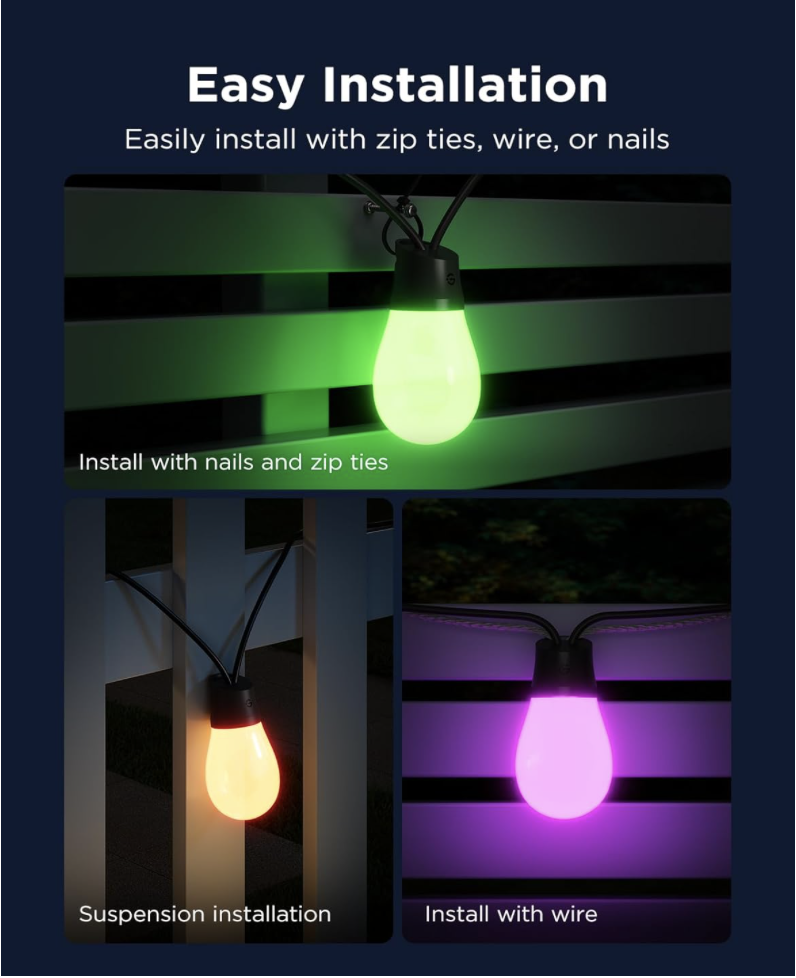 Close-up shots of Govee S14 Smart Outdoor String Lights demonstrating easy installation methods including nails, zip ties, wire, and suspension hanging.