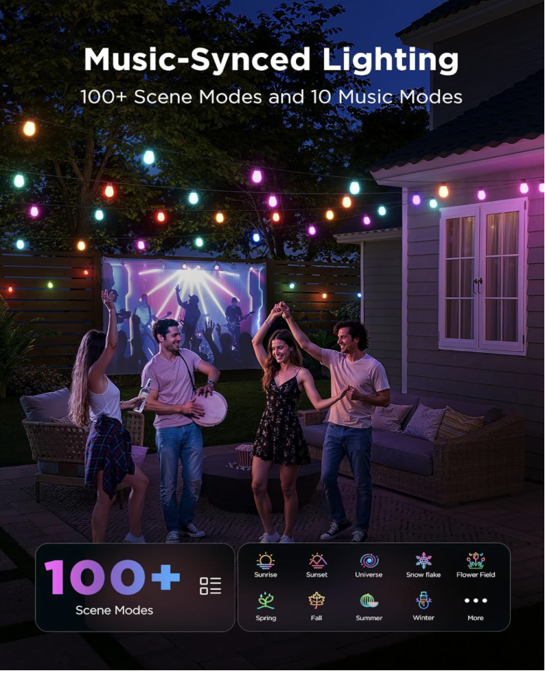 Outdoor party scene with people dancing under Govee S14 Smart RGBIC string lights, showcasing vibrant colors and music-synced lighting with over 100 scene modes.