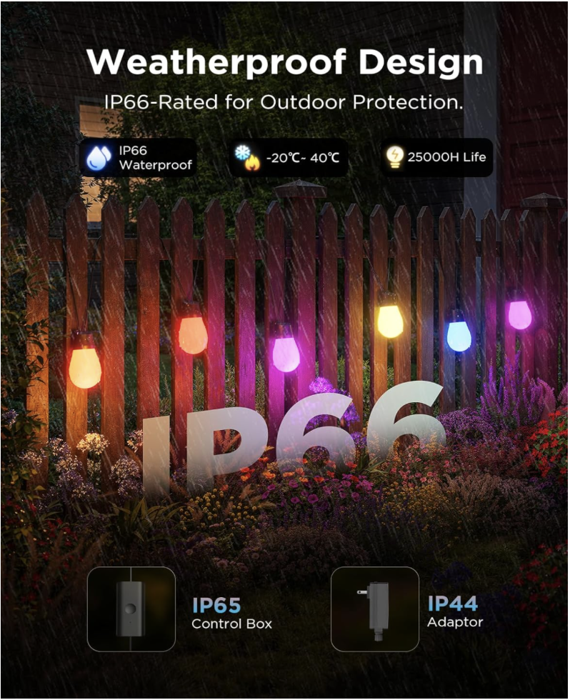 Govee S14 Smart Outdoor String Lights glowing in bright colors during heavy rain, highlighting IP66 waterproof rating and durability for all weather conditions.