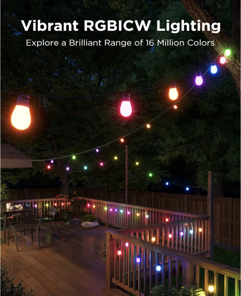 Outdoor deck decorated with Govee S14 Smart RGBIC string lights displaying vibrant multicolor bulbs, creating a festive atmosphere.
