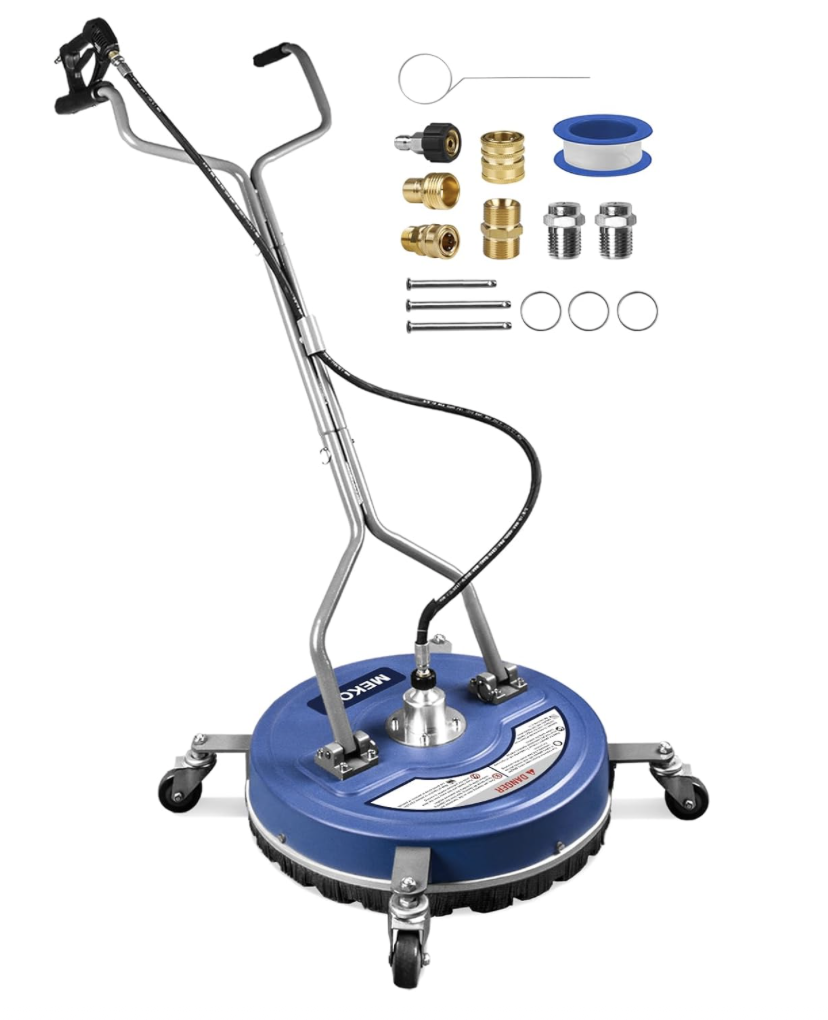 MEKOH 20-inch pressure washer surface cleaner with dual handles, 4 wheels, and accessory fittings set