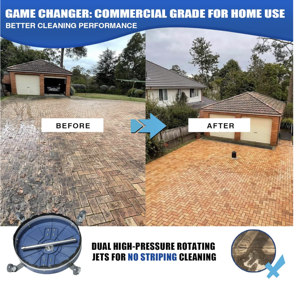 Before and after comparison of driveway cleaned with MEKOH 20-inch surface cleaner showing high-pressure rotating jets and no striping results