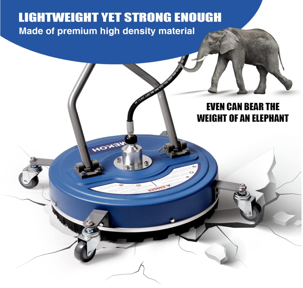 MEKOH surface cleaner shown supporting the weight of an elephant to highlight its high-density, impact-resistant build quality