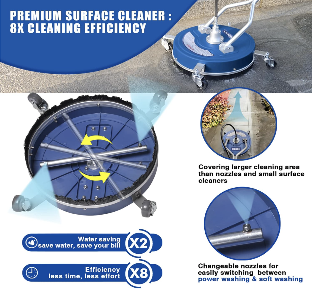 Close-up of MEKOH surface cleaner showing dual high-pressure jets, wide cleaning coverage, and changeable nozzles for switching between power washing and soft washing