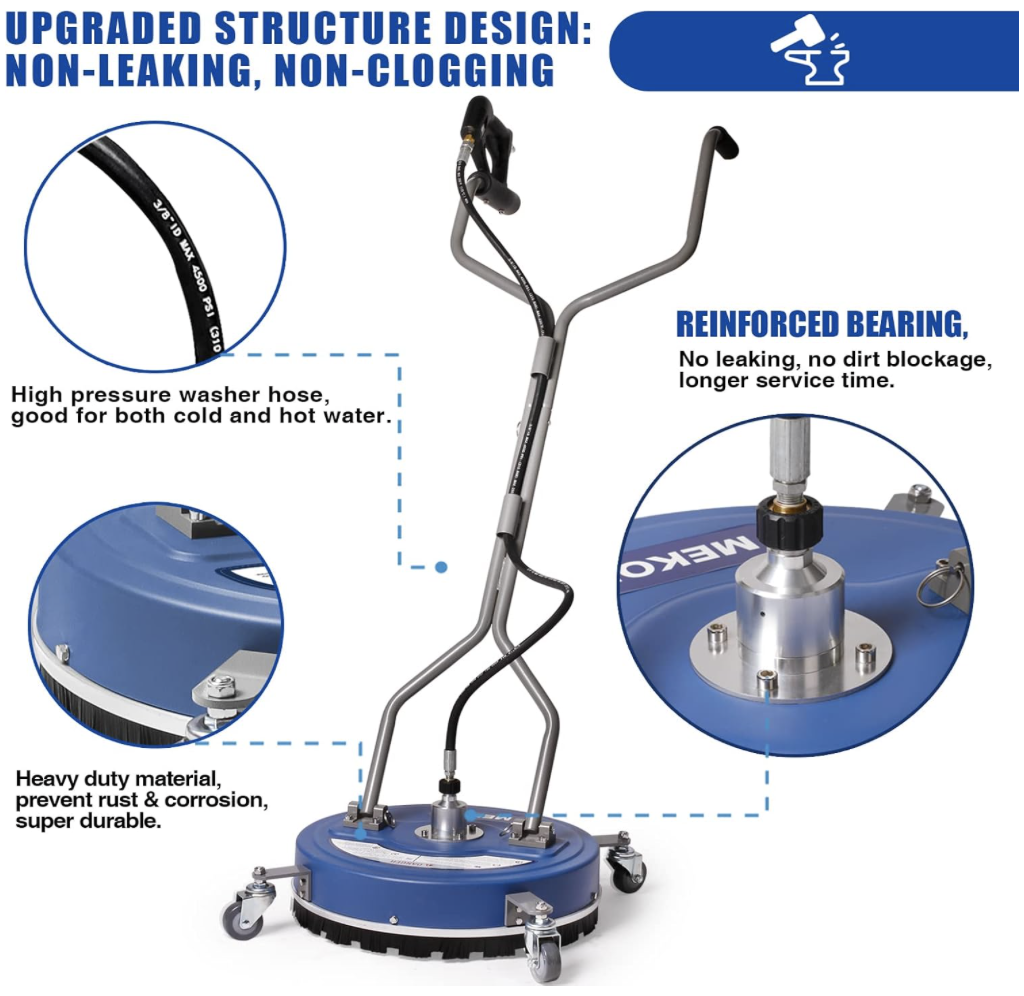 MEKOH pressure washer surface cleaner shown with reinforced bearing, rust-resistant build, and high-pressure hose support for hot and cold water