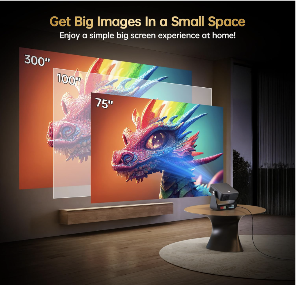 OWNKNEW Smart Projector demonstrating large 300-inch projection scaling in a small room, showing size comparison between 75", 100", and 300" screen options