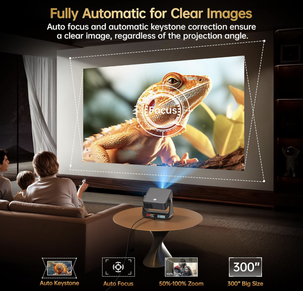 Family watching OWNKNEW Smart Projector auto-adjust a 300-inch display using auto focus and keystone correction on a home theater screen