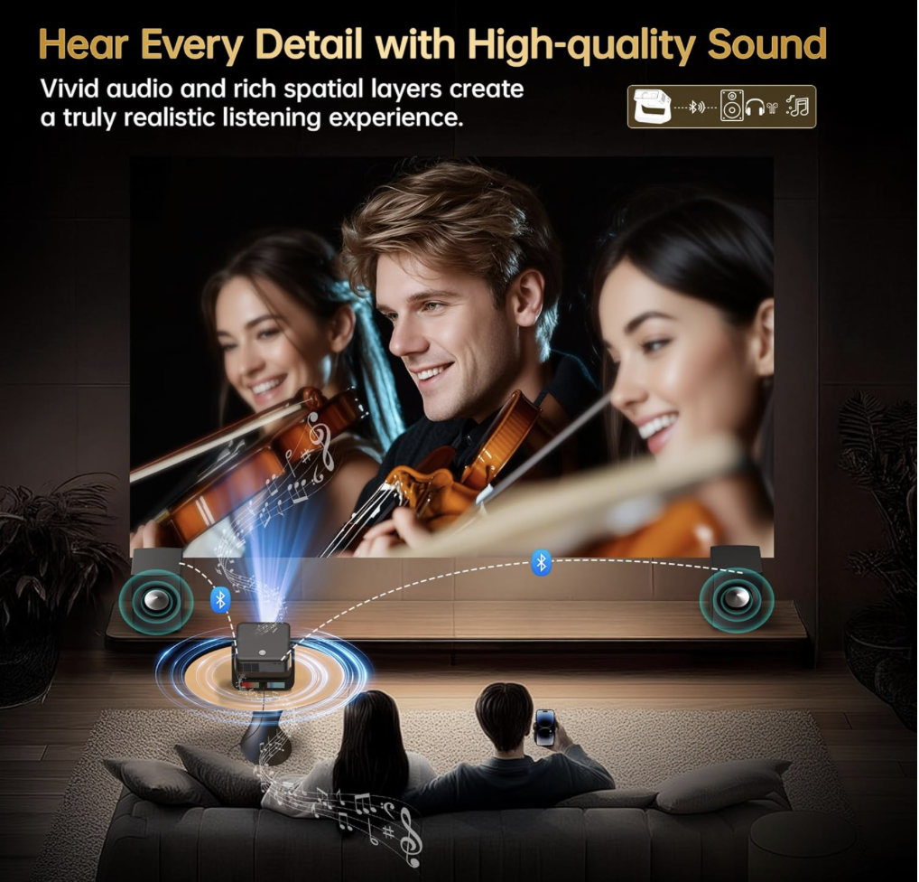 Couple watching a concert scene with OWNKNEW Smart Projector and Bluetooth speaker output, highlighting immersive stereo sound with rich spatial layers