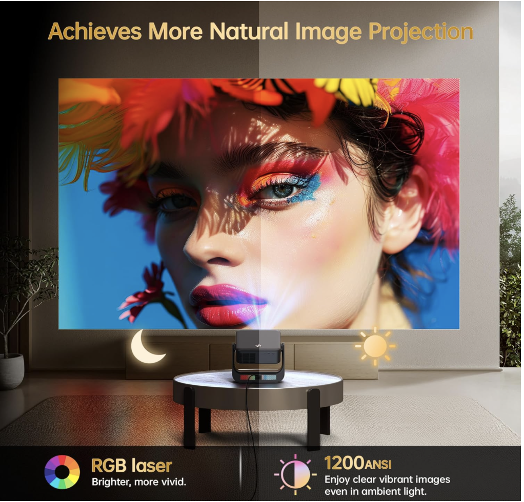OWNKNEW Smart Projector displaying high-contrast makeup image with RGB laser technology and 1200 ANSI lumens for vivid, natural color projection even in ambient light