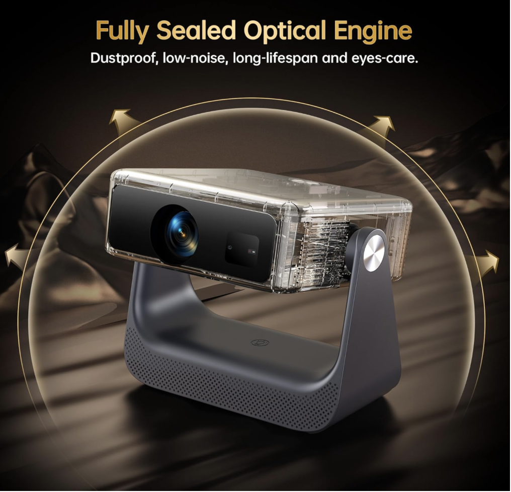 ransparent view of OWNKNEW Smart Projector showcasing fully sealed optical engine designed for dustproof, low-noise, and long-lifespan performance