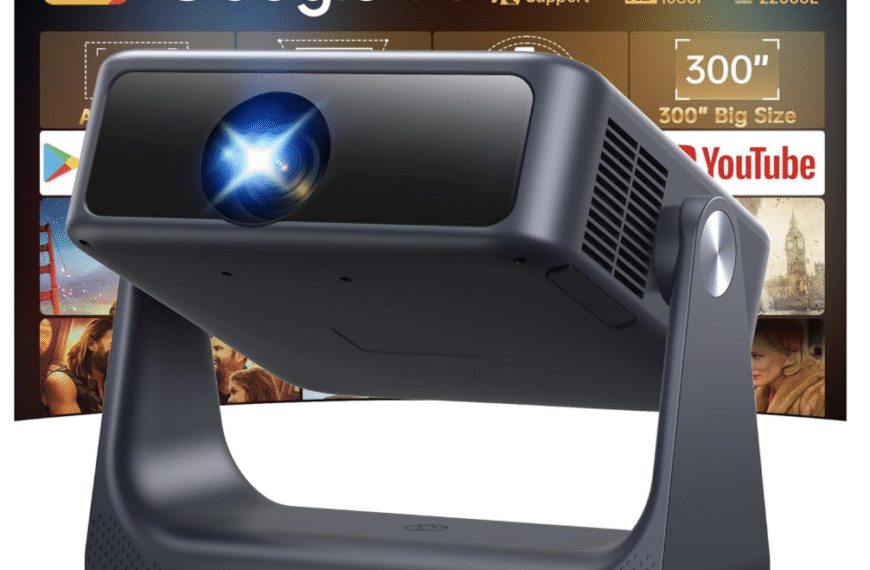 OWNKNEW Smart Projector with built-in Google TV, 4K support, WiFi 6, and 300-inch display projection shown on screen behind device