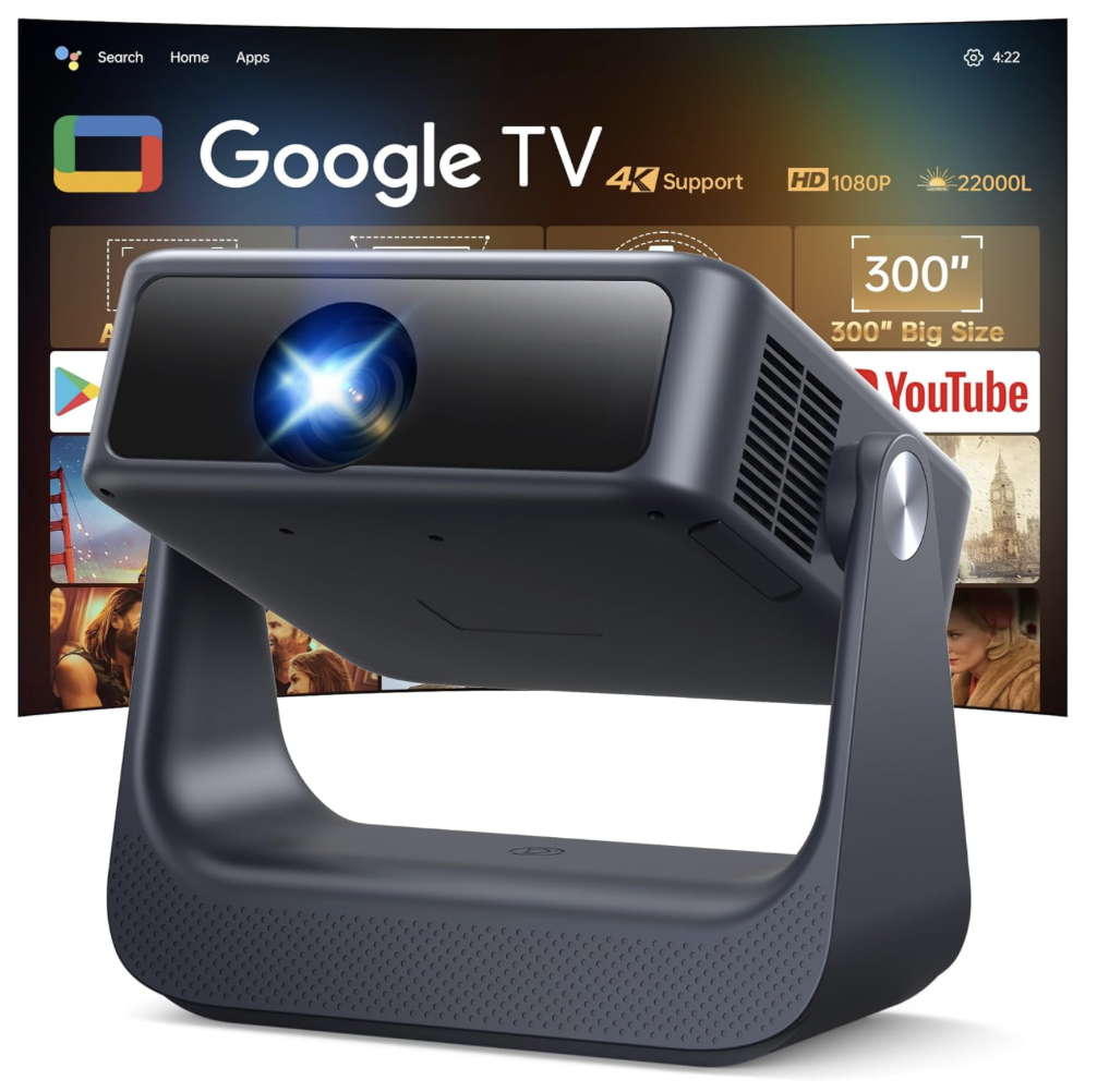 OWNKNEW Smart Projector with built-in Google TV, 4K support, WiFi 6, and 300-inch display projection shown on screen behind device