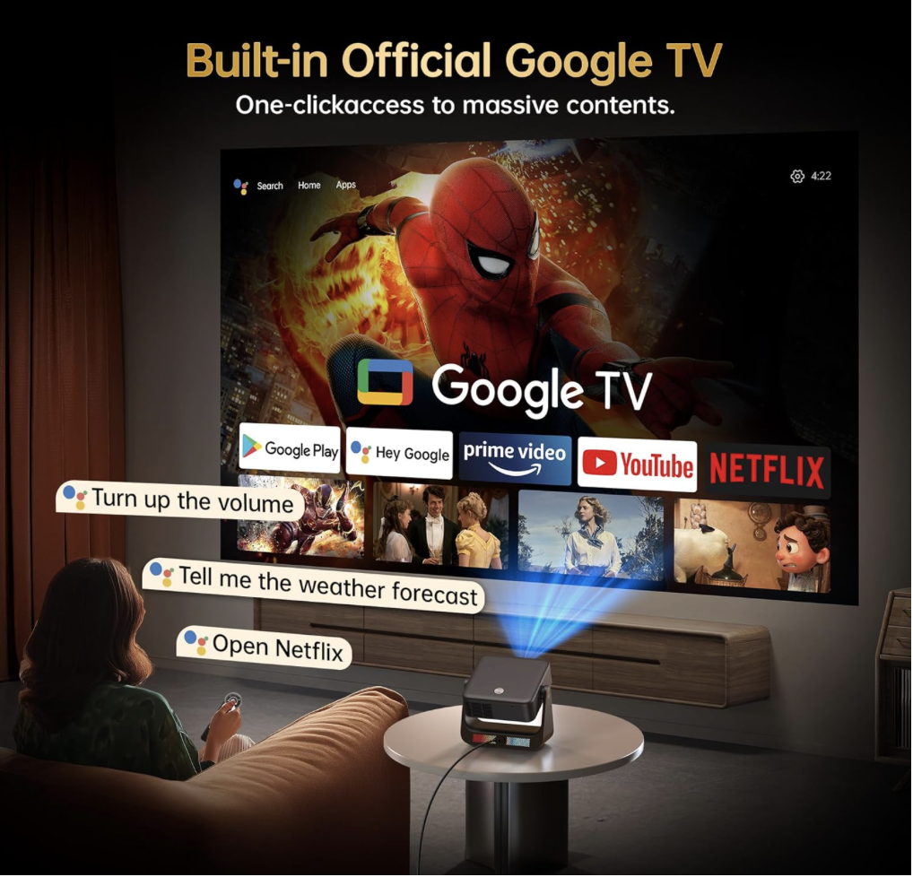 Woman using OWNKNEW Smart Projector with built-in Google TV and voice commands to stream Netflix, Prime Video, YouTube, and more on a large home theater screen