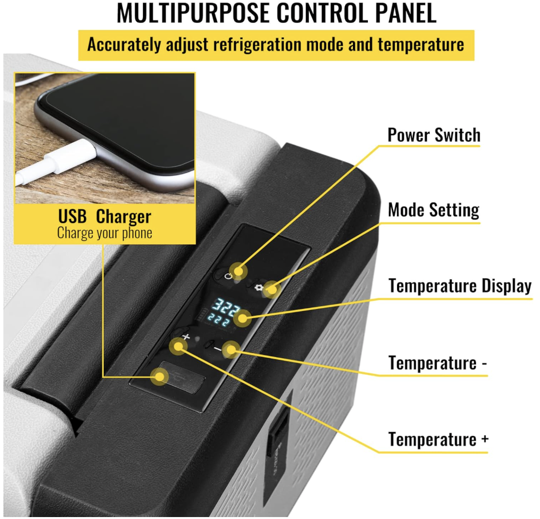Close-up view of the VEVOR 10QT portable car fridge control panel showing buttons for power, mode settings, temperature adjustment, and USB charging port for phones.