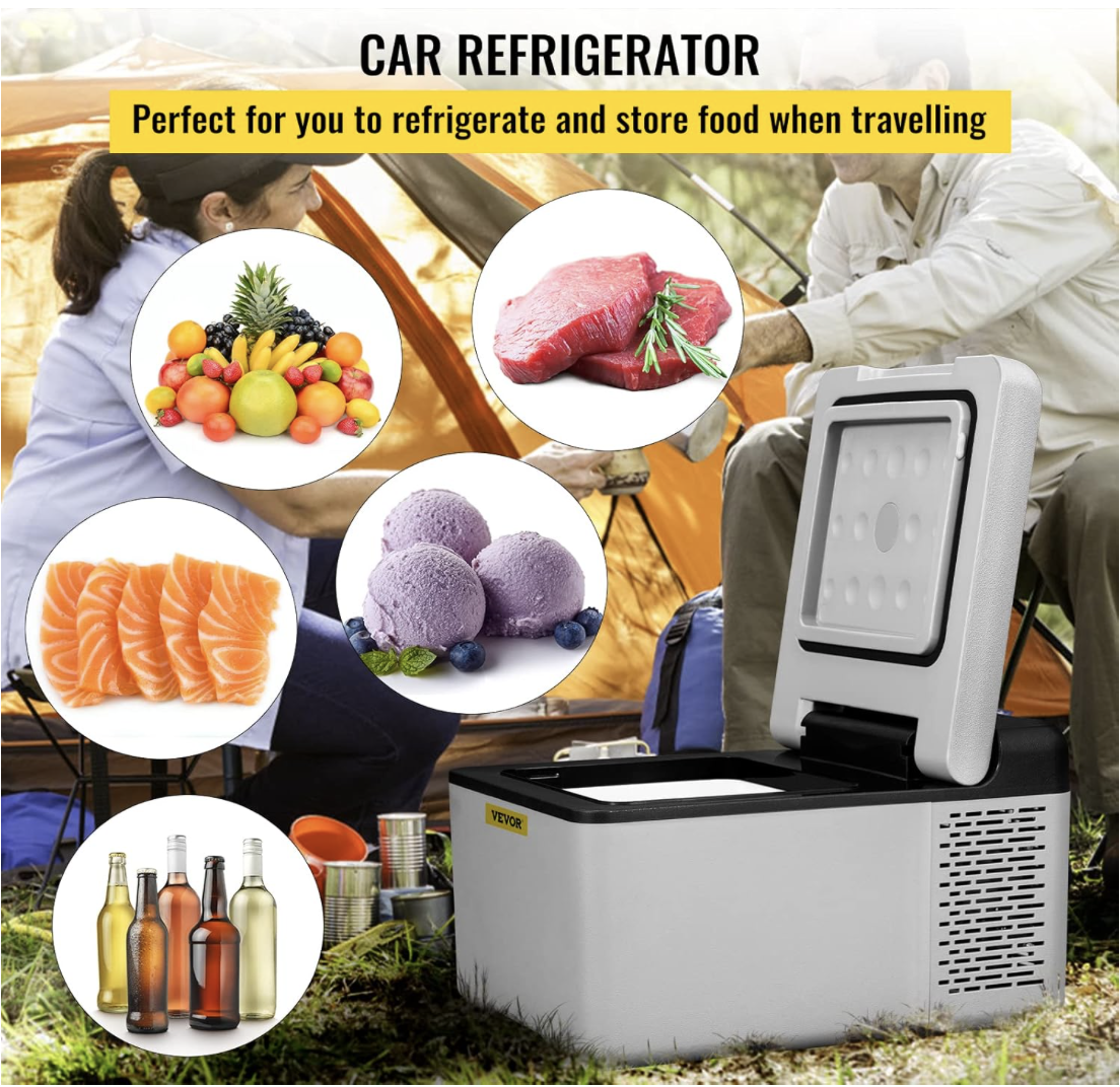 VEVOR 10 Quart portable car fridge shown at a campsite, surrounded by images of fruits, meat, fish, ice cream, and drinks, highlighting its use for storing food while traveling.