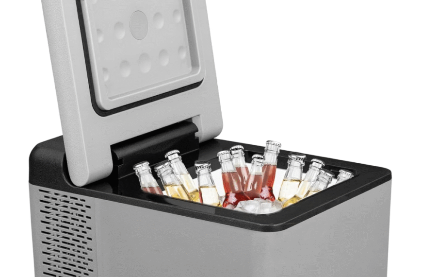 VEVOR 10 Quart portable car fridge cooler with open lid, showing bottles and ice inside.