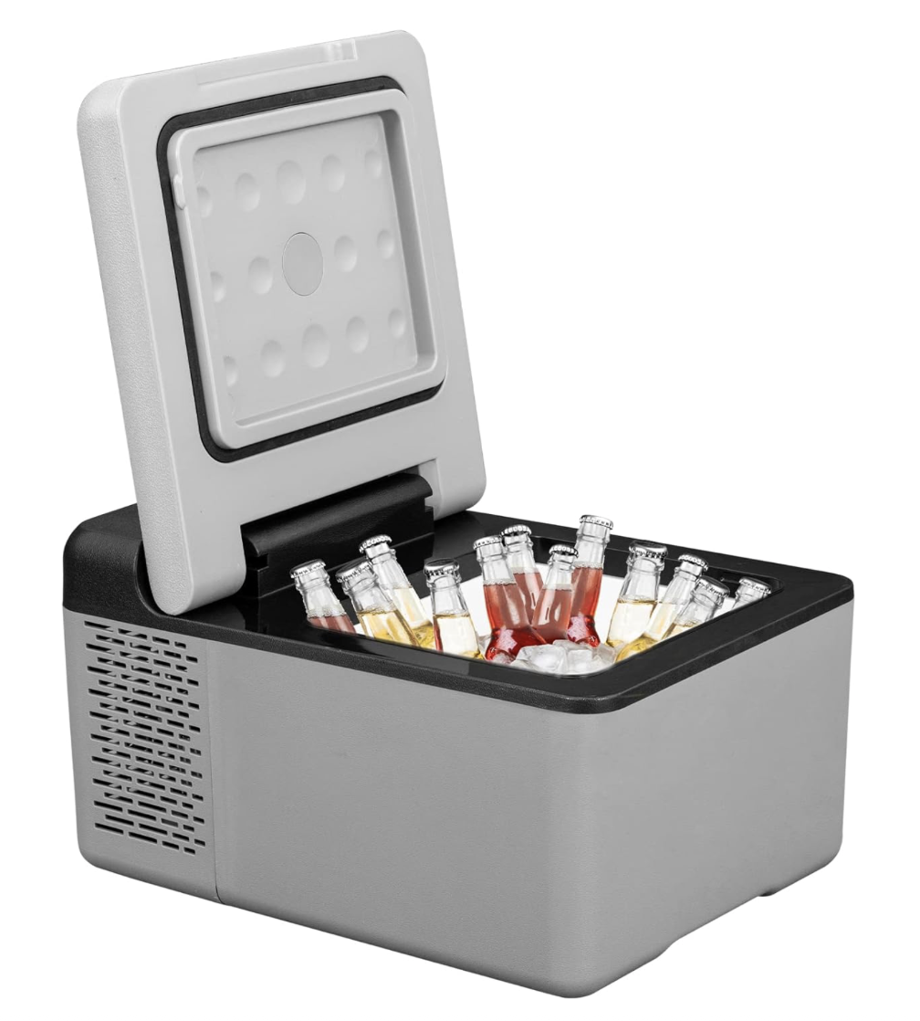 VEVOR 10 Quart portable car fridge cooler with open lid, showing bottles and ice inside.