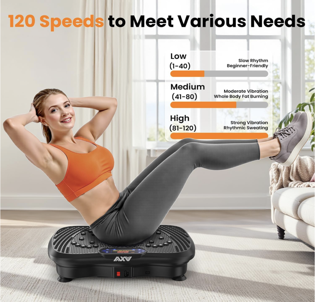 Woman performing abdominal exercise on AXV Vibration Plate, showing 120 adjustable speed ranges for different workout intensities