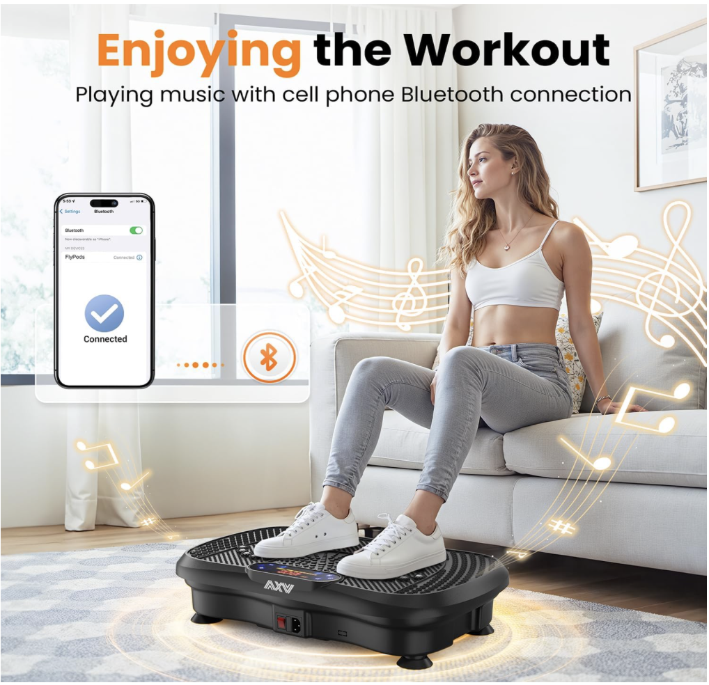 Woman sitting on AXV Vibration Plate with feet placement while playing music via Bluetooth connection from phone