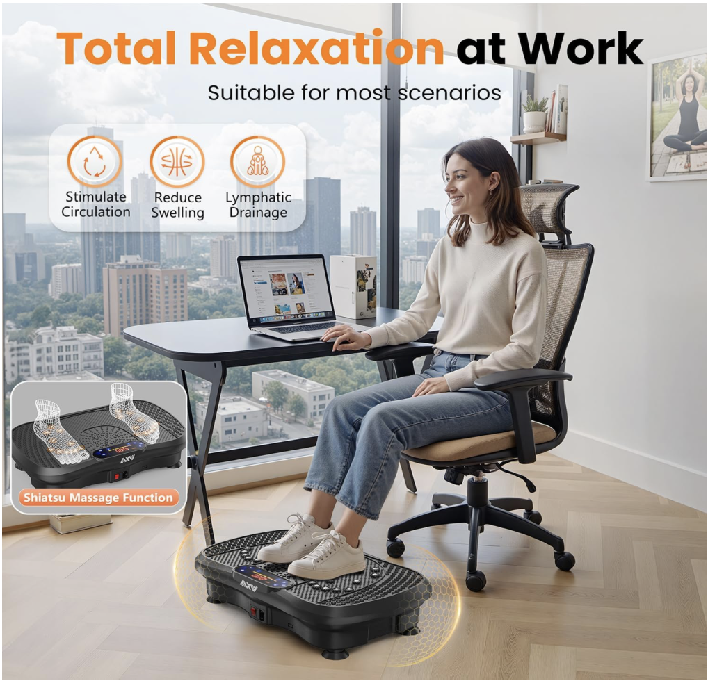 Woman using AXV Vibration Plate under desk at work for circulation, swelling reduction, and lymphatic drainage with Shiatsu massage function