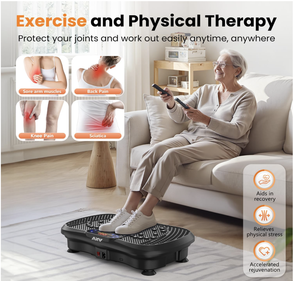 Senior woman using AXV Vibration Plate at home for joint-friendly exercise and physical therapy benefits including pain relief and recovery
