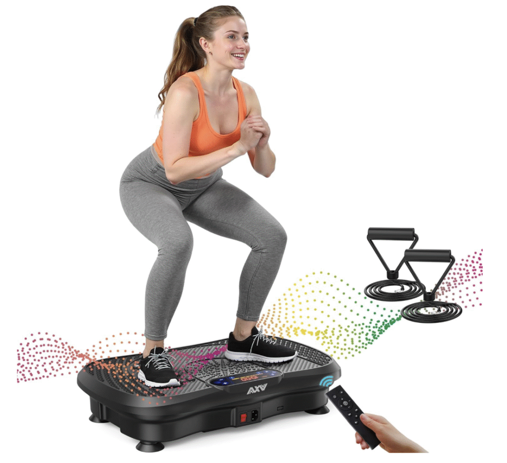 Woman performing squat exercise on AXV Vibration Plate with remote control and resistance bands shown