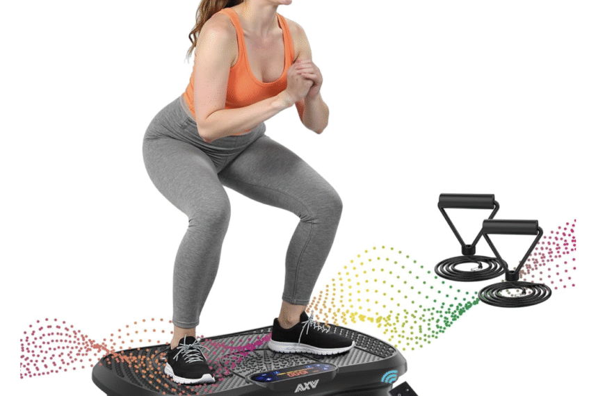 Woman performing squat exercise on AXV Vibration Plate with remote control and resistance bands shown