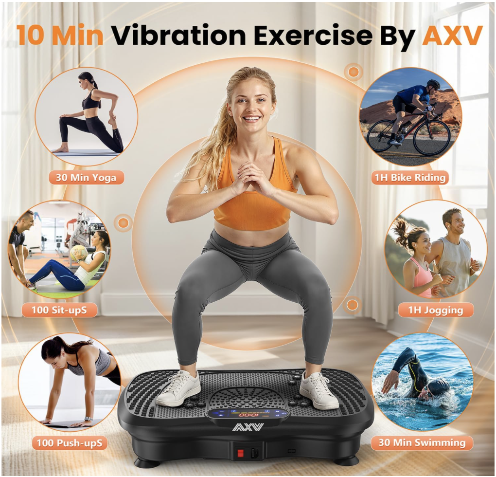 AXV Vibration Plate compared to yoga, bike riding, jogging, push-ups, sit-ups, and swimming in workout benefits chart