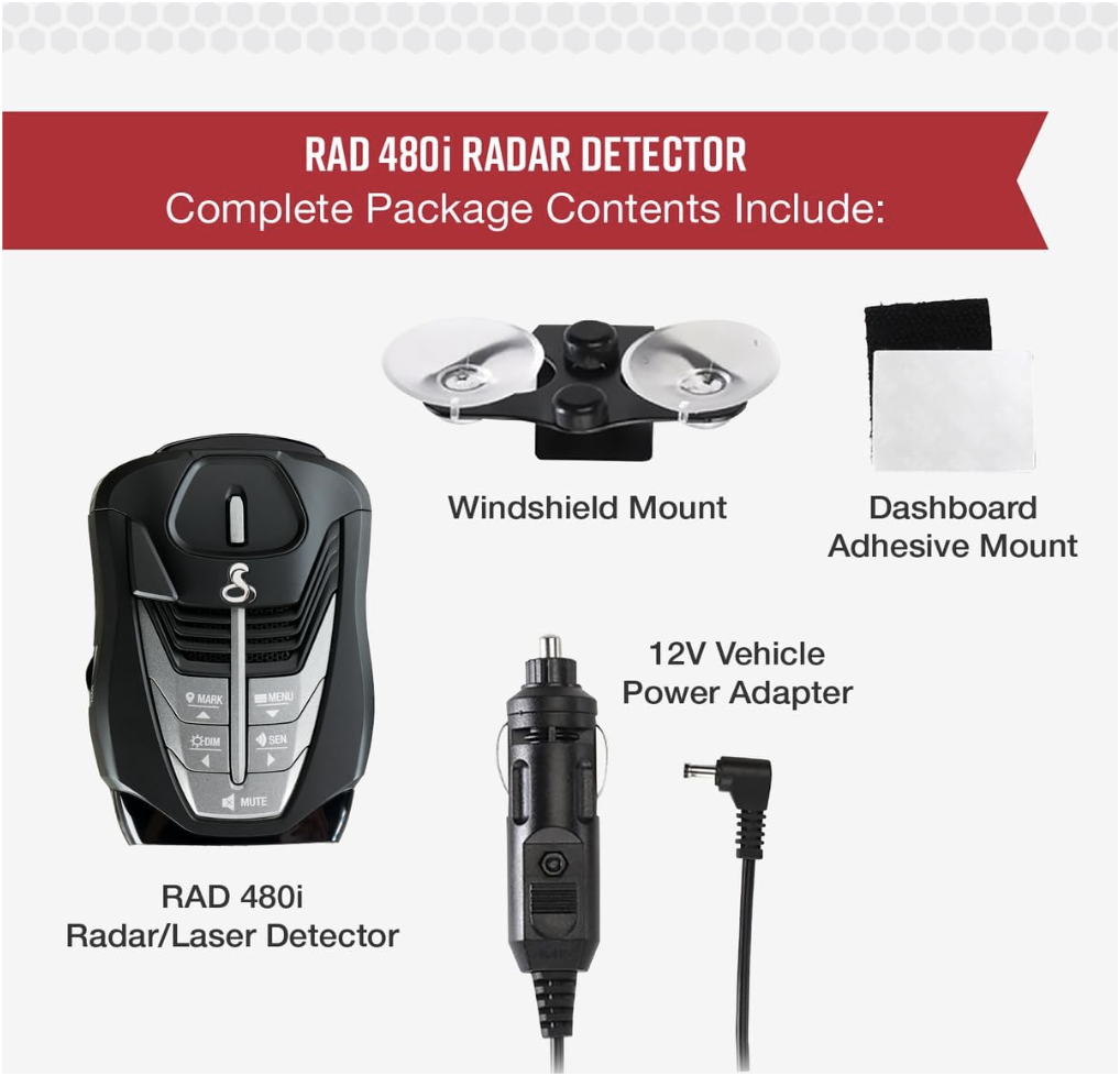 Cobra RAD 480i radar detector package including device, windshield mount, dashboard adhesive mount, and 12V vehicle power adapter.