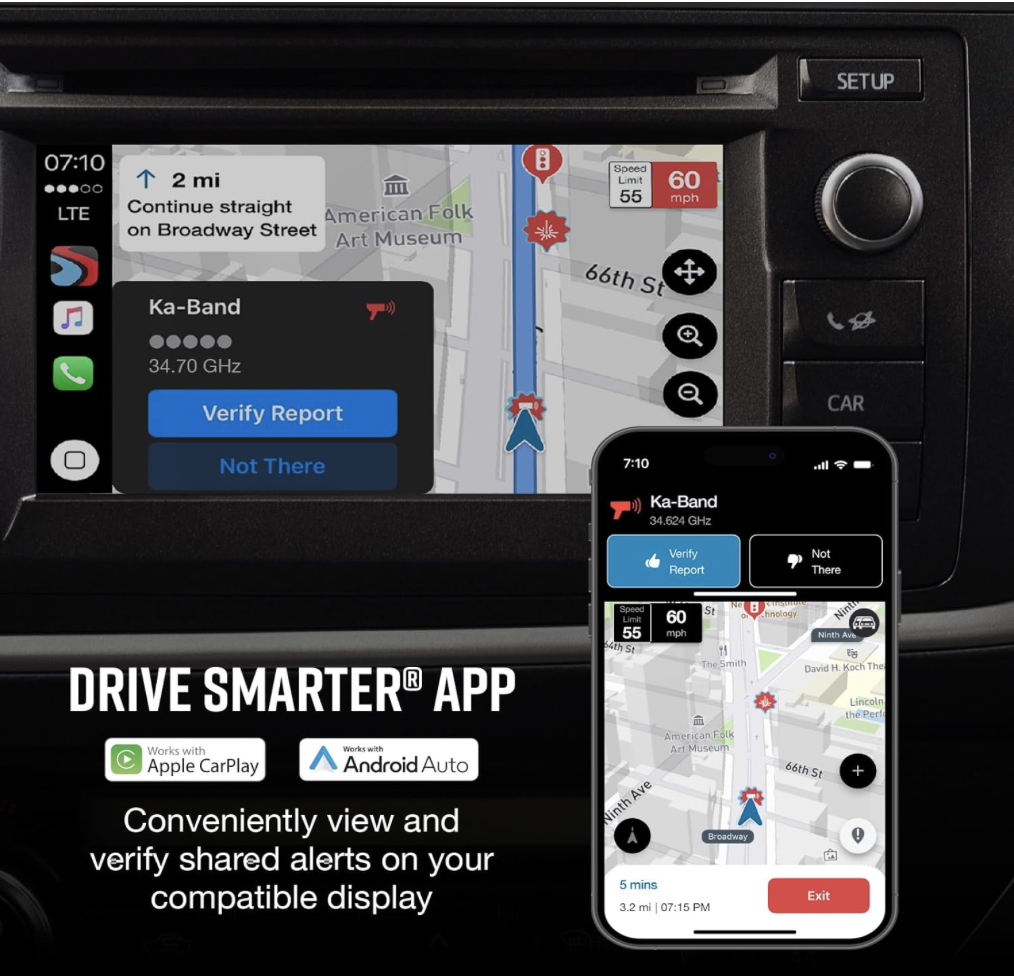 Cobra RAD 480i connected to Drive Smarter app with Apple CarPlay and Android Auto integration for shared radar alerts.