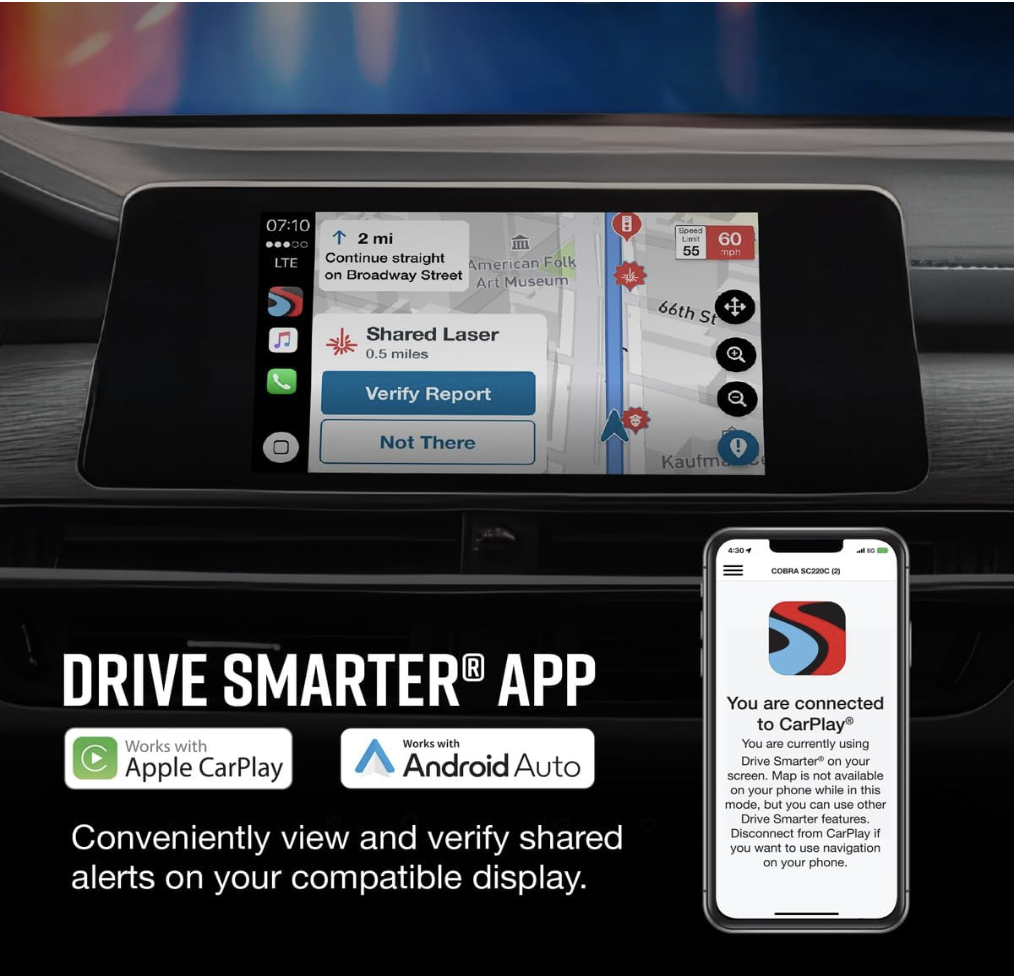 Cobra RAD 480i Drive Smarter app integration showing shared laser alerts on vehicle display and smartphone.