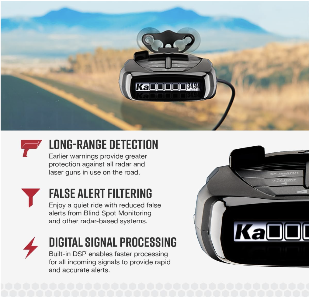 Cobra RAD 480i radar detector mounted on windshield with long-range detection, false alert filtering, and DSP technology.