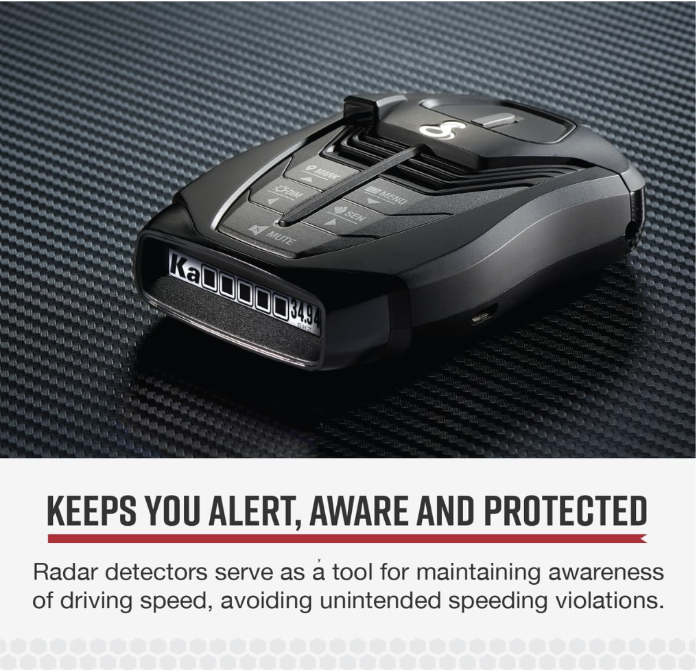 Cobra RAD 480i radar detector with Ka band alert displayed, designed to keep drivers aware and protected.
