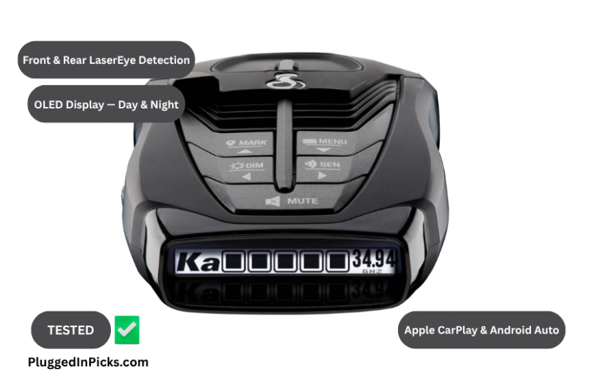 Cobra RAD 480i radar detector front view showing OLED Ka band display with front and rear laser detection and Apple CarPlay compatibility