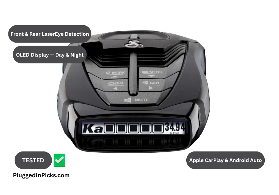 Cobra RAD 480i radar detector front view showing OLED Ka band display with front and rear laser detection and Apple CarPlay compatibility