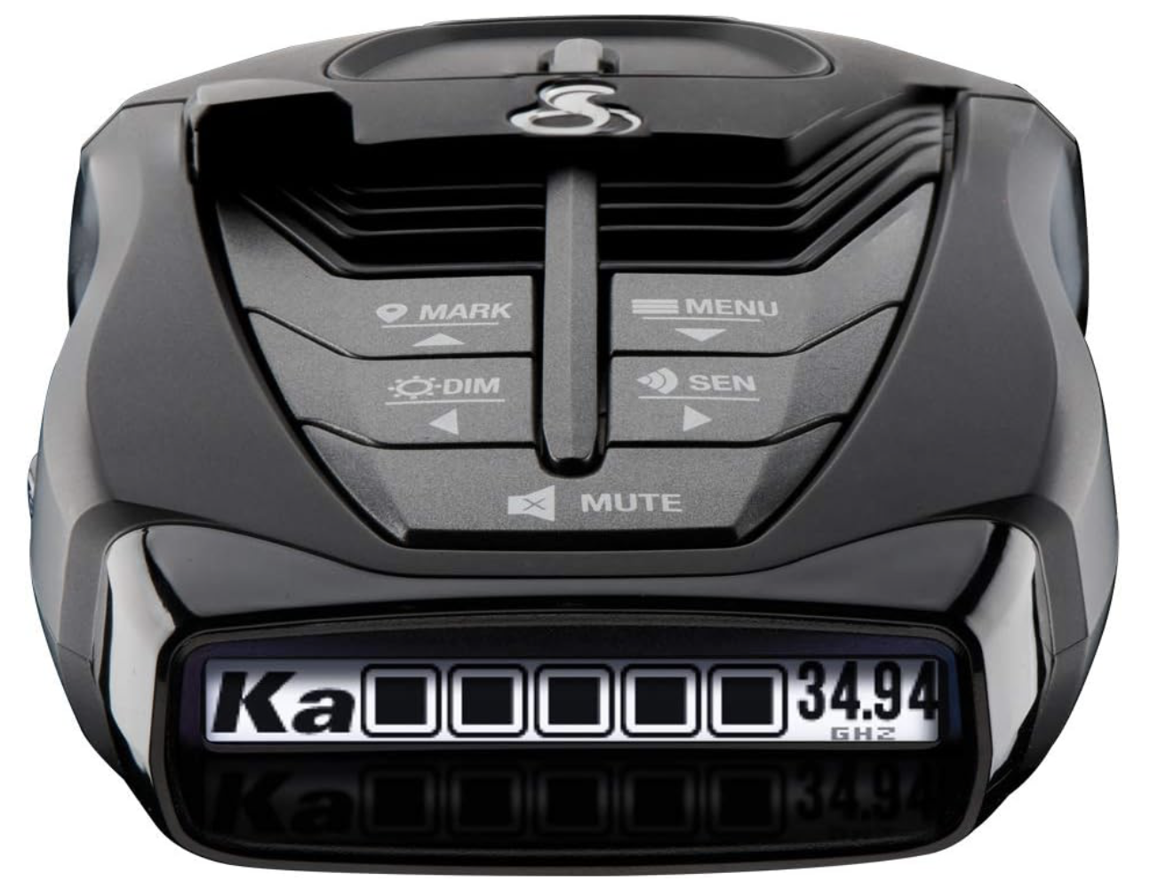 Close-up of Cobra RAD 480i radar detector controls including menu, sensitivity, mute, and OLED Ka-band display.