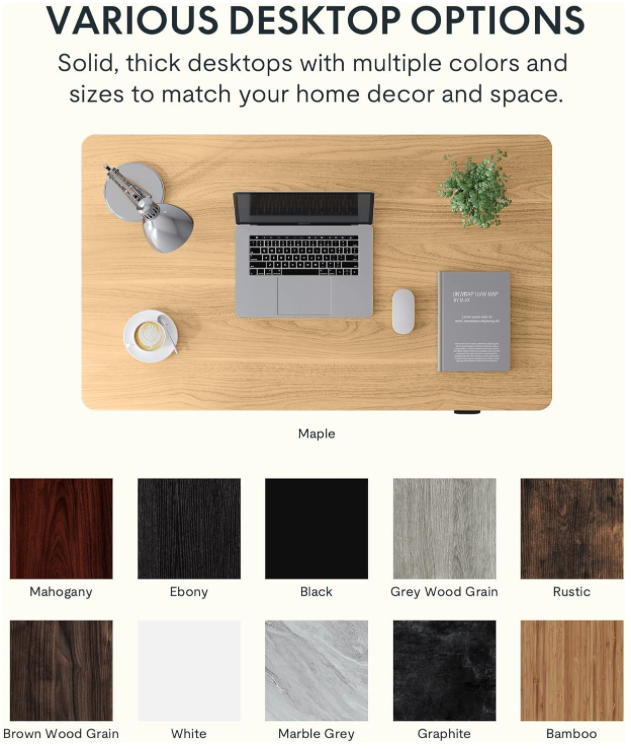 FLEXISPOT EN1 standing desk color options including maple, mahogany, ebony, black, grey wood grain, rustic, brown wood grain, white, marble grey, graphite, and bamboo