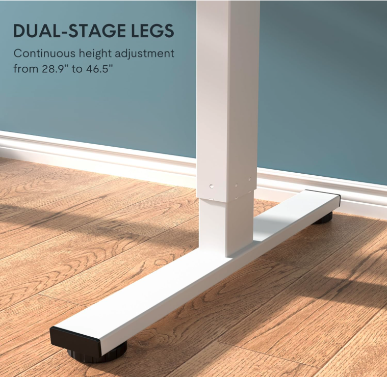 Close-up of FLEXISPOT EN1 standing desk dual-stage leg showing adjustable height range from 28.9 to 46.5 inches