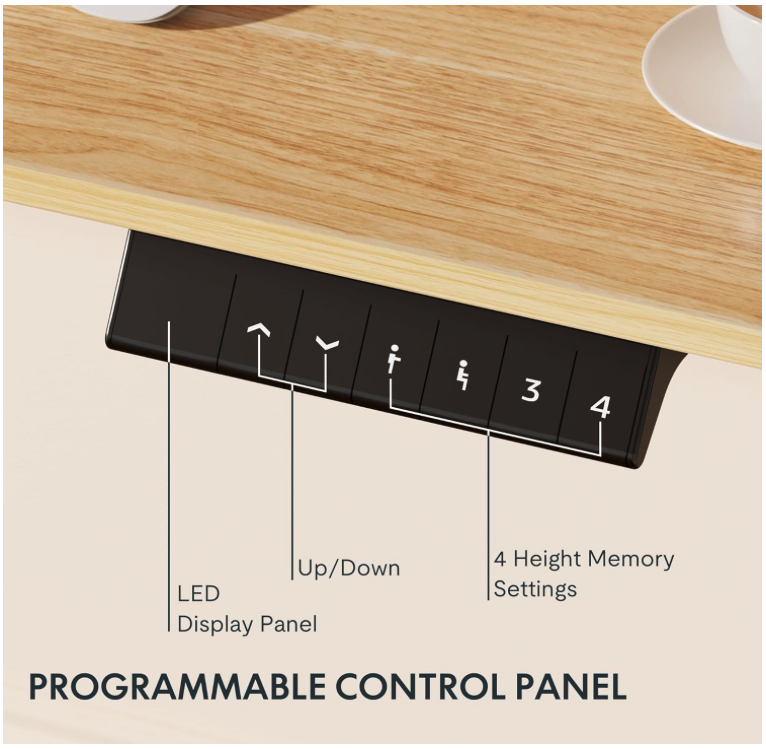 Close-up of FLEXISPOT EN1 programmable control panel showing LED display, up/down arrows, and 4 memory height settings