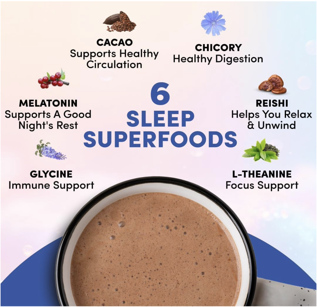 Six sleep superfoods in Ryze Hot Cocoa: cacao, chicory, melatonin, reishi, glycine, and L-theanine.