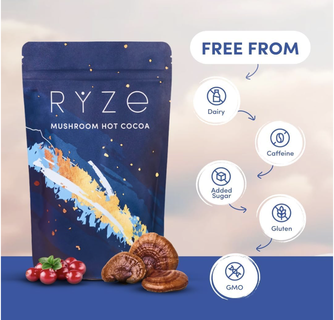 Ryze Mushroom Hot Cocoa bag with icons showing free from dairy, caffeine, added sugar, gluten, and GMOs.