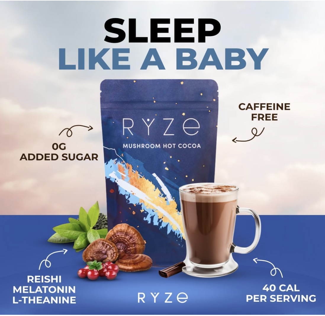 Ryze Mushroom Hot Cocoa packaging with glass of cocoa highlighting zero sugar, caffeine-free, 40 calories per serving.