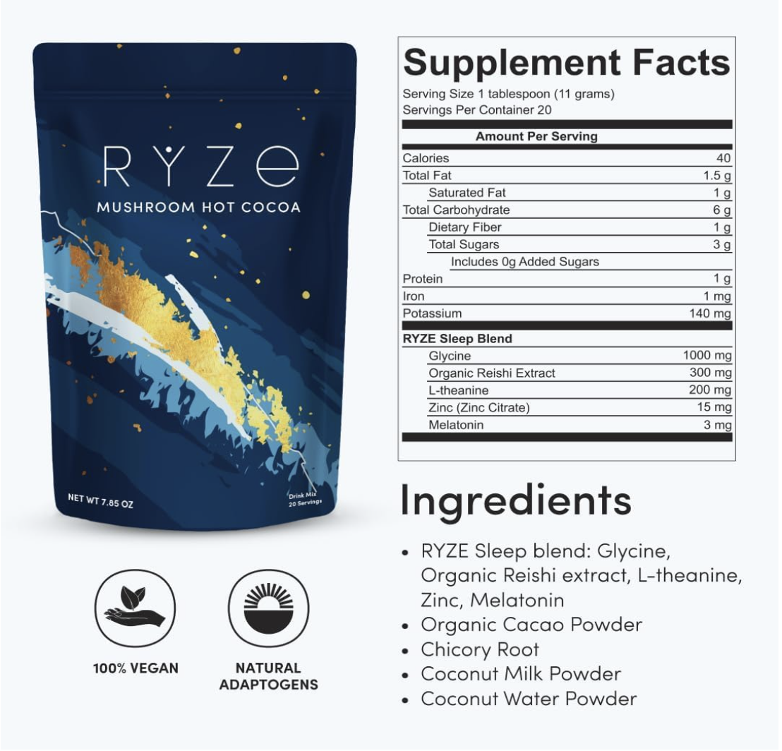 Ryze Mushroom Hot Cocoa supplement facts and ingredients list with 20 servings per bag.