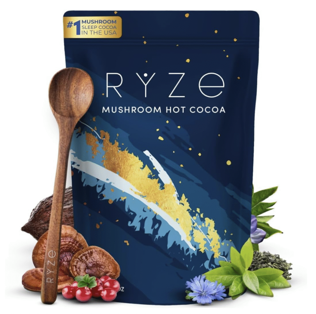Ryze Mushroom Hot Cocoa bag with wooden spoon and mushroom ingredients displayed.