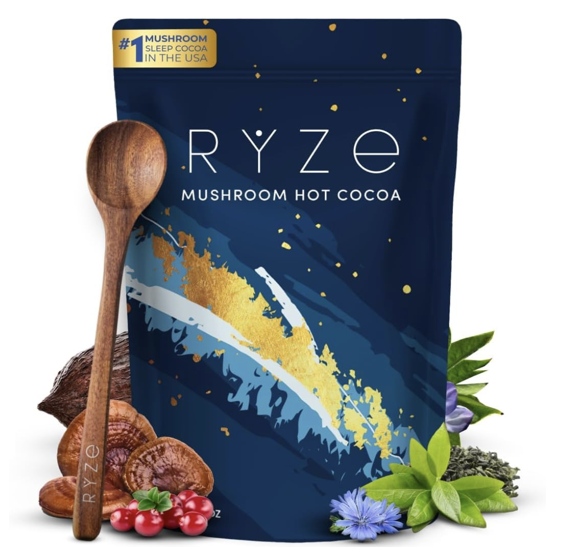 Ryze Mushroom Hot Cocoa bag with wooden spoon and mushroom ingredients displayed.