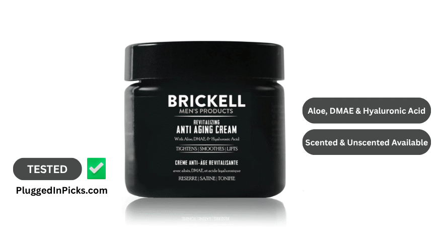 Brickell Men's Revitalizing Anti-Aging Cream jar showing aloe, DMAE, and hyaluronic acid formulation for men's daily anti-aging skincare