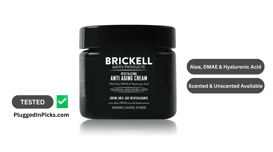 Brickell Men's Revitalizing Anti-Aging Cream jar showing aloe, DMAE, and hyaluronic acid formulation for men's daily anti-aging skincare