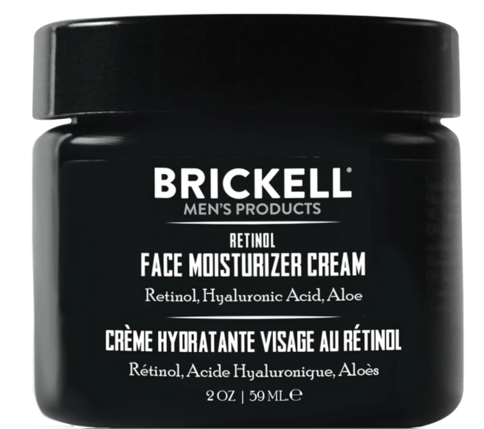 Close-up of Brickell Men’s Retinol Face Moisturizer Cream jar with retinol, hyaluronic acid, and aloe.